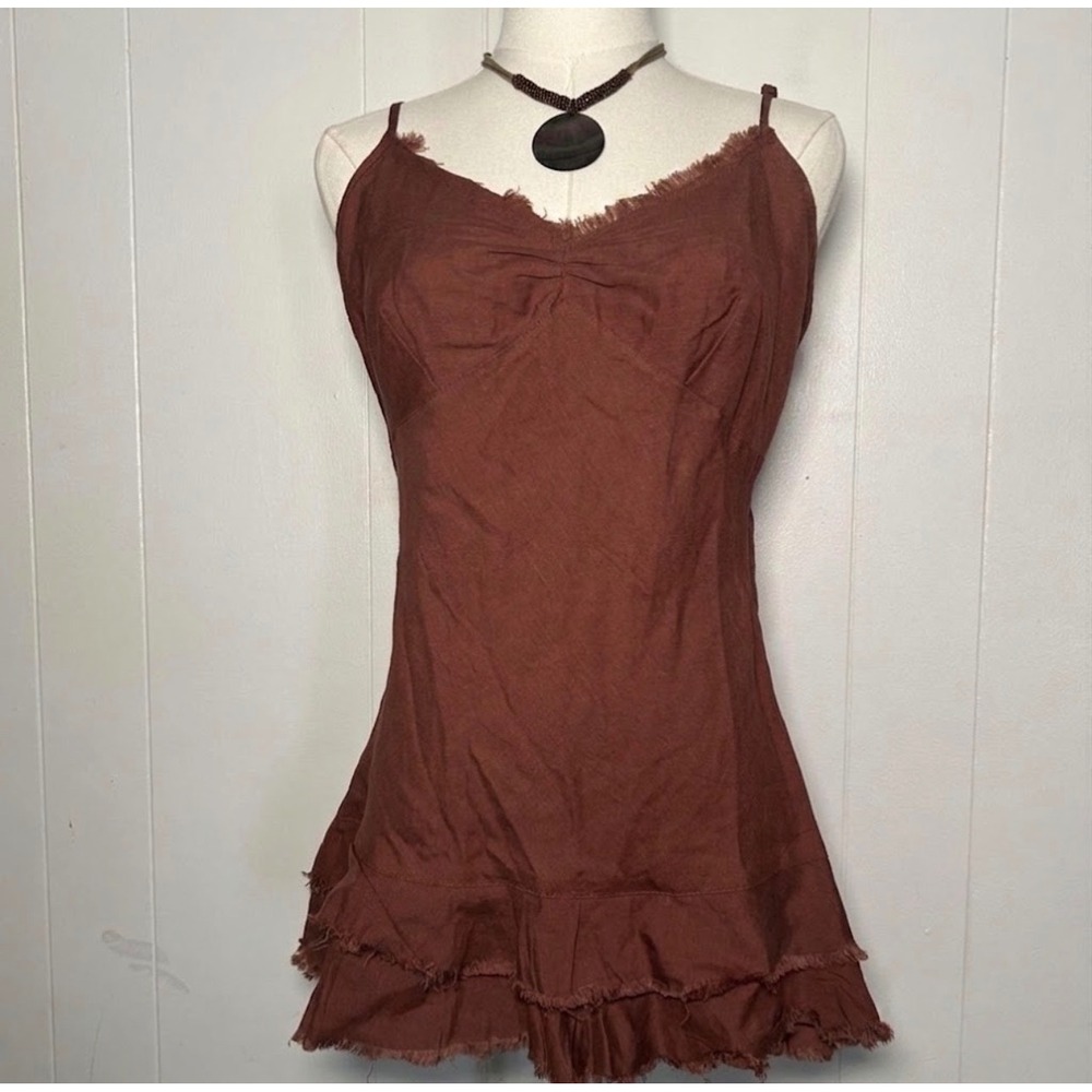 Miss Lili Y2K 90s Brown Linen Blend Fringe Pleated Tank Top Sz XL Fairy Grunge